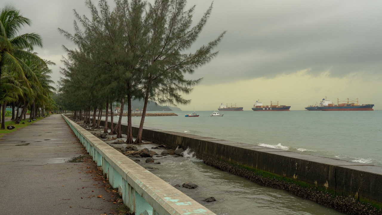 Tropical coastal promenade at high tide