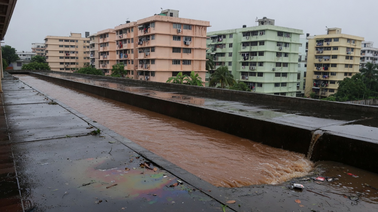 A tropical monsoon drain running high after heavy rain