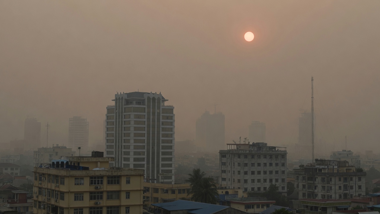 Hazy tropical city skyline under a pale sun