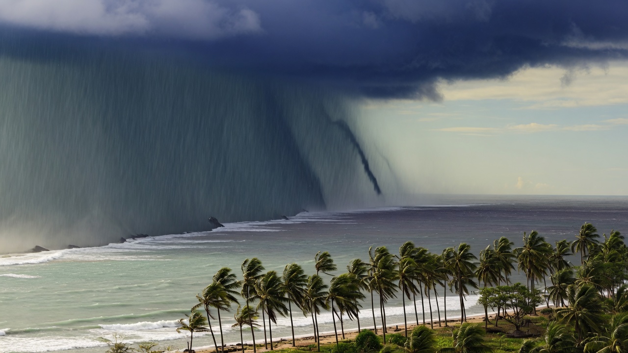 Dark squall line approaching a tropical coast
